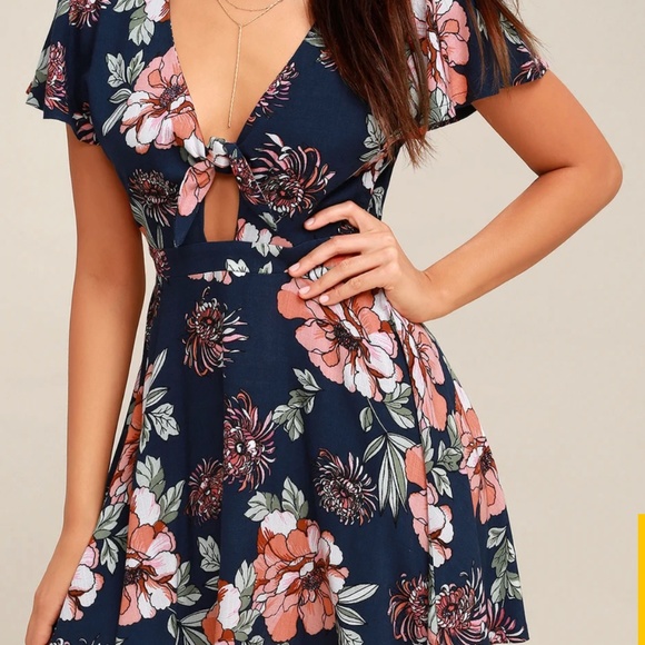 Lulus Dresses & Skirts - Lulus Botanic of Time Blue Floral Print Tie-Front Skater Dress Size Small